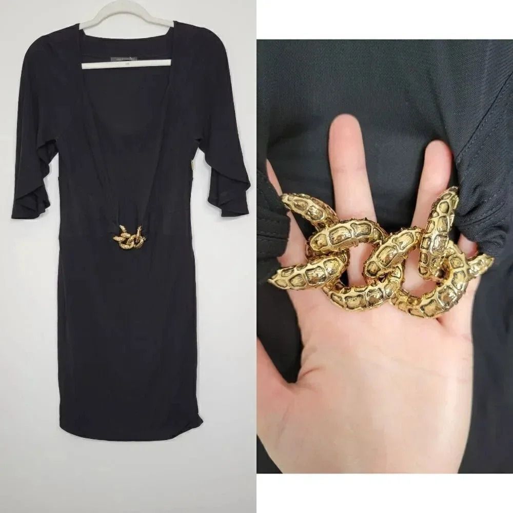 ROBERTO CAVELLI BLACK 3/4 SLEEVE DRESS W/ GOLD LINK EMBELLISHMENT